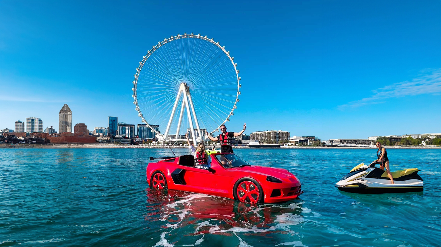 a person riding jet ski and jet car on Dubai waters