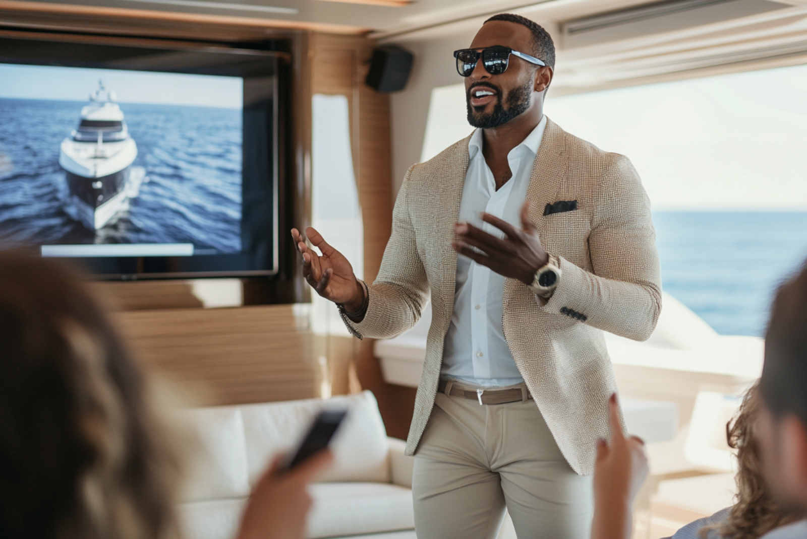 business owner ding presentation for corporate events on luxury yachts