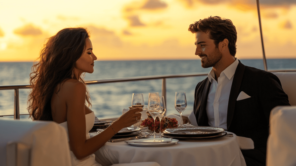 couples enjoying romantic dinner party on luxury yachts