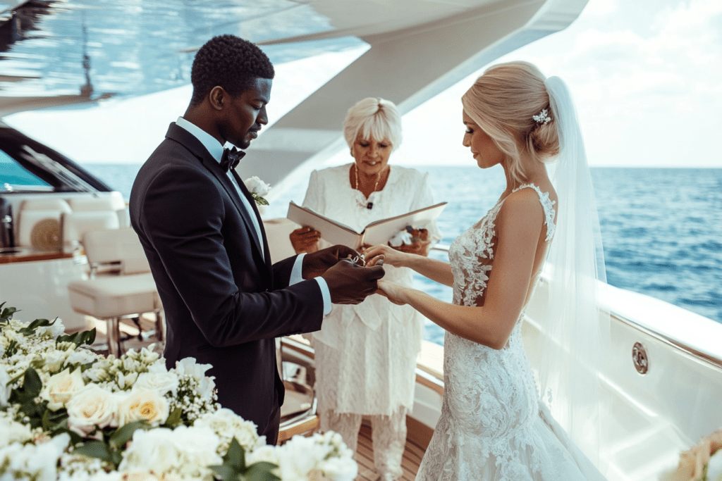 bride and groom exchanging their rings - wedding party on yachts