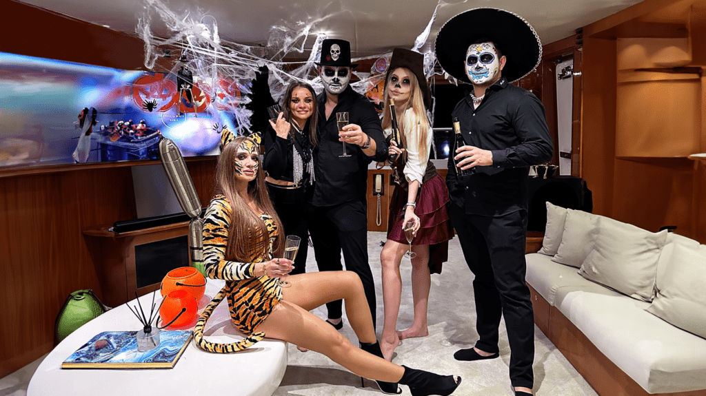 people celebrating Halloween party on yachts in Dubai