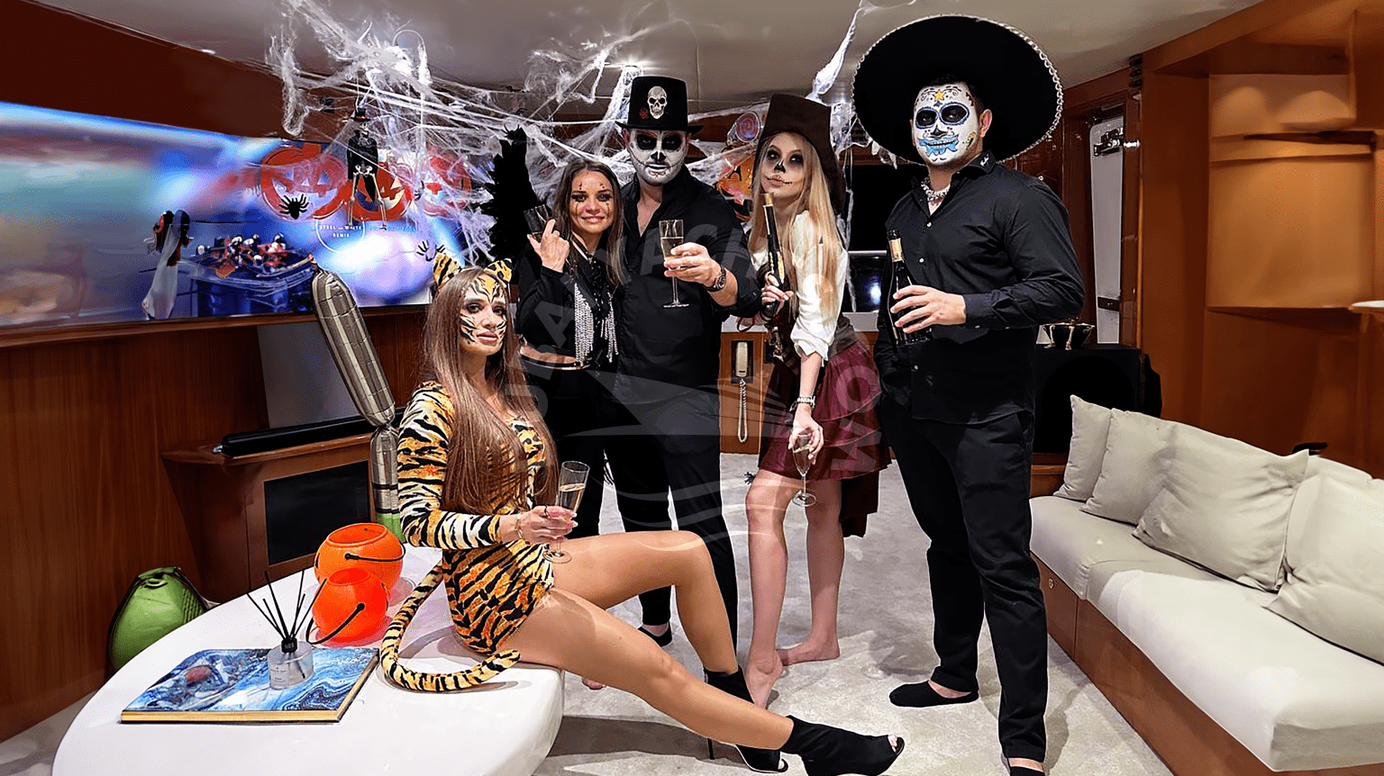 people celebrating Halloween party on yachts in Dubai