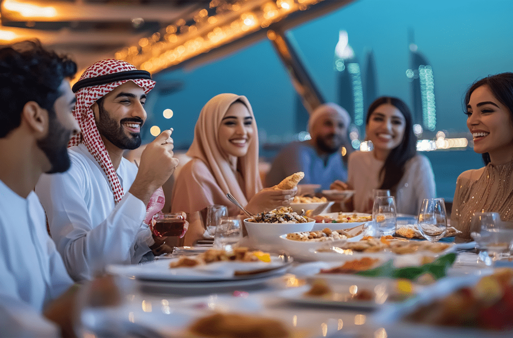 people enjoying Ramadan Iftar on luxury yacht Dubai