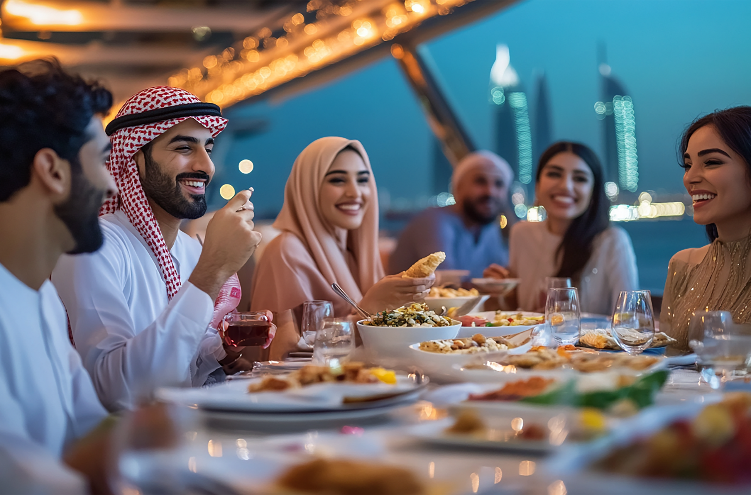 people enjoying Ramadan Iftar on luxury yacht Dubai