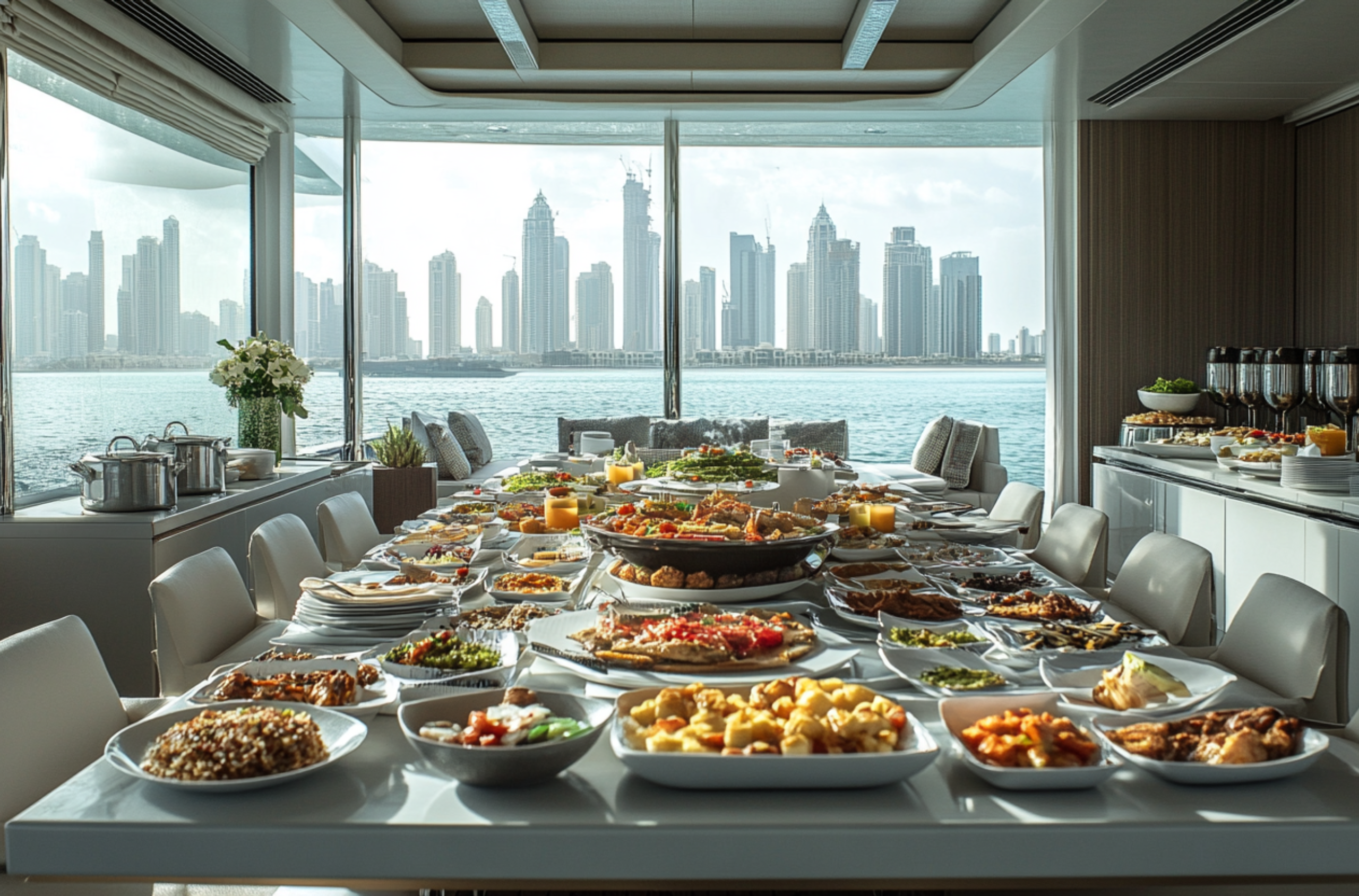 a beautiful arrangement of iftar menu on table by Dubai Yachts