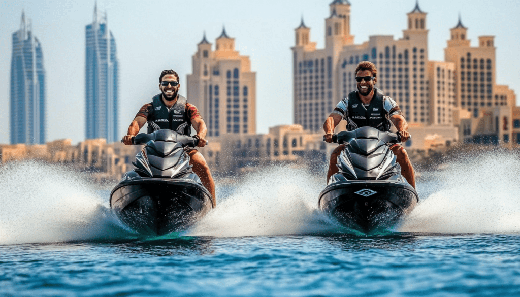 two happy guys enjoying the ride - jet ski rental companies in Dubai