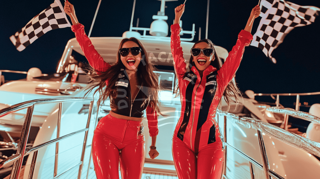 cheer girls enjoying formula 1 yachts - rent a f1 yacht in Dubai