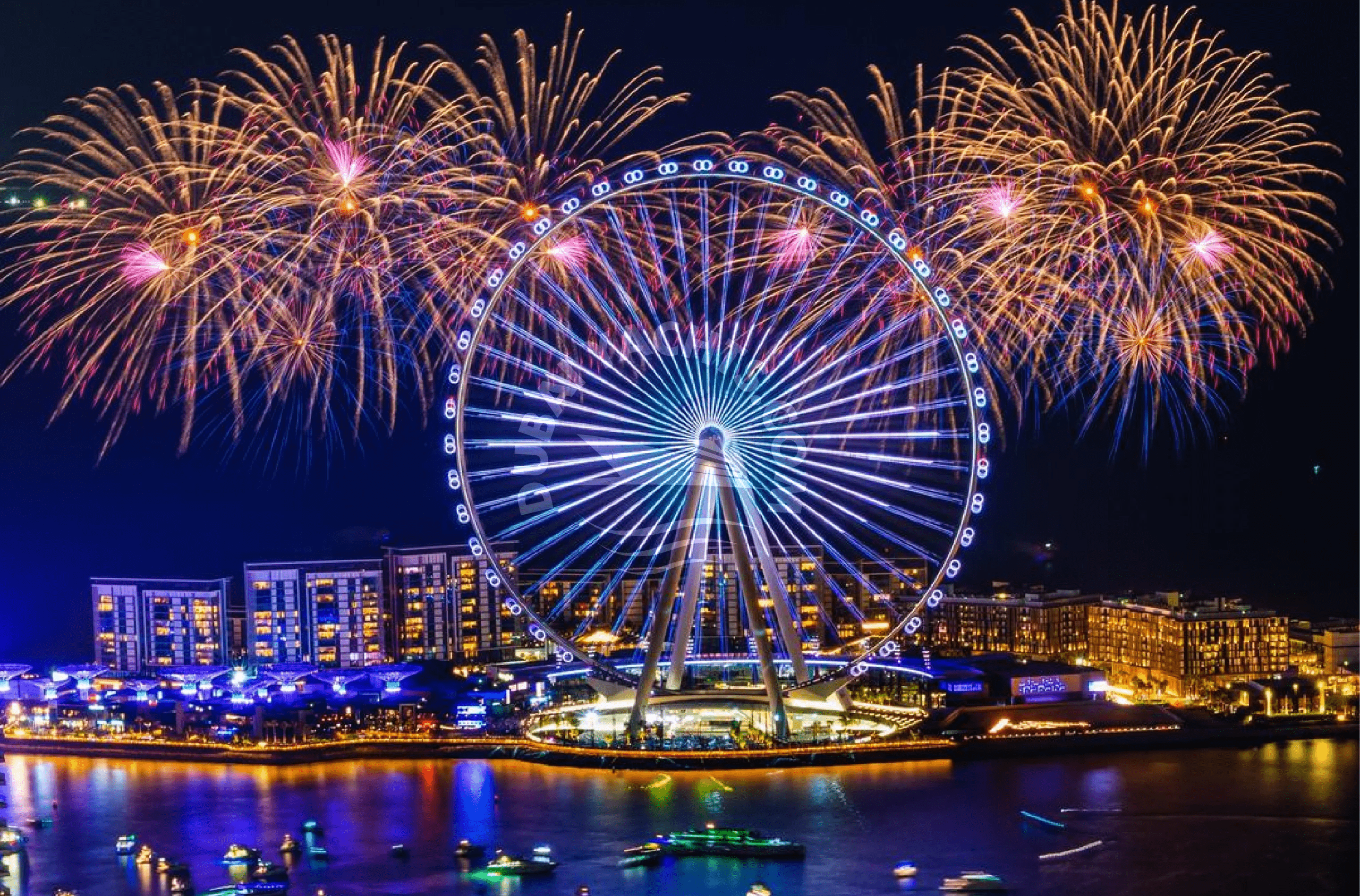 Ain Wheel Sparkling on New Year Fireworks